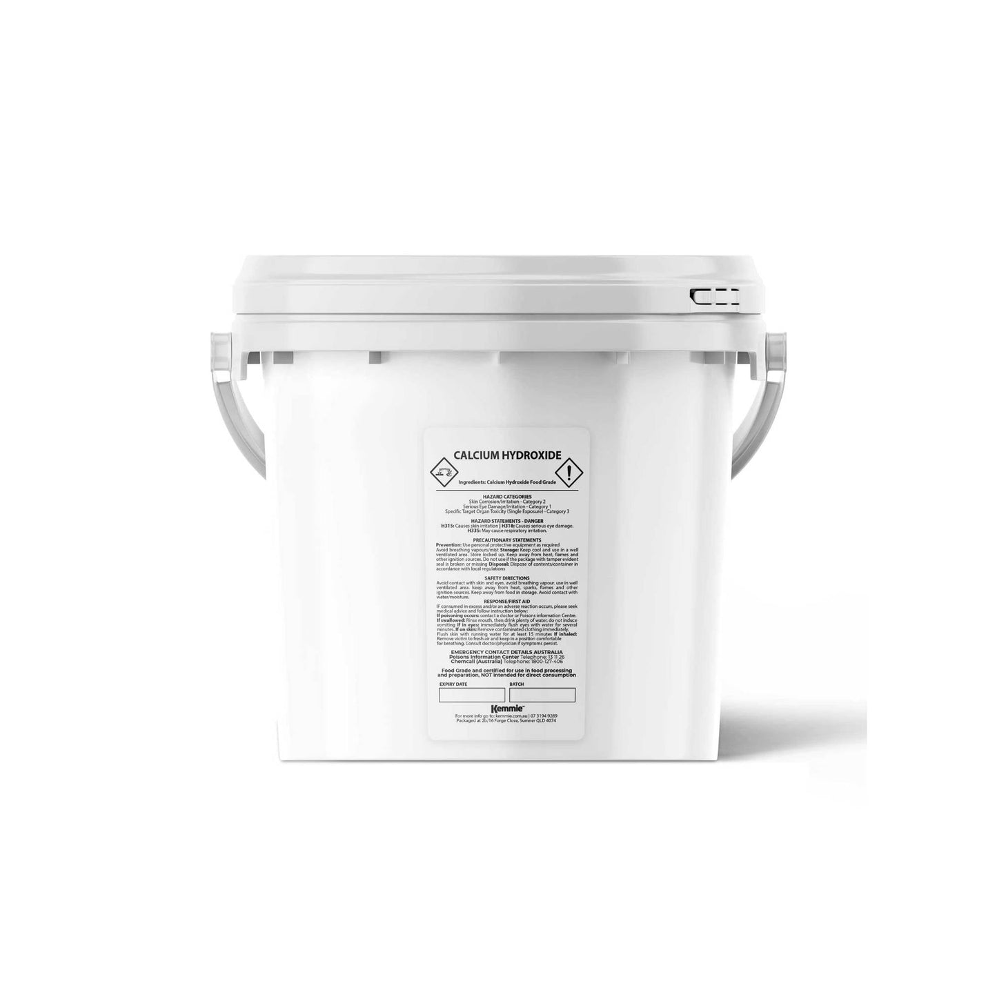 Hlpmedical Kemmie 2.5kg calcium hydroxide powder tub for food grade pickling lime, used in health, beauty, and nutritional applications.