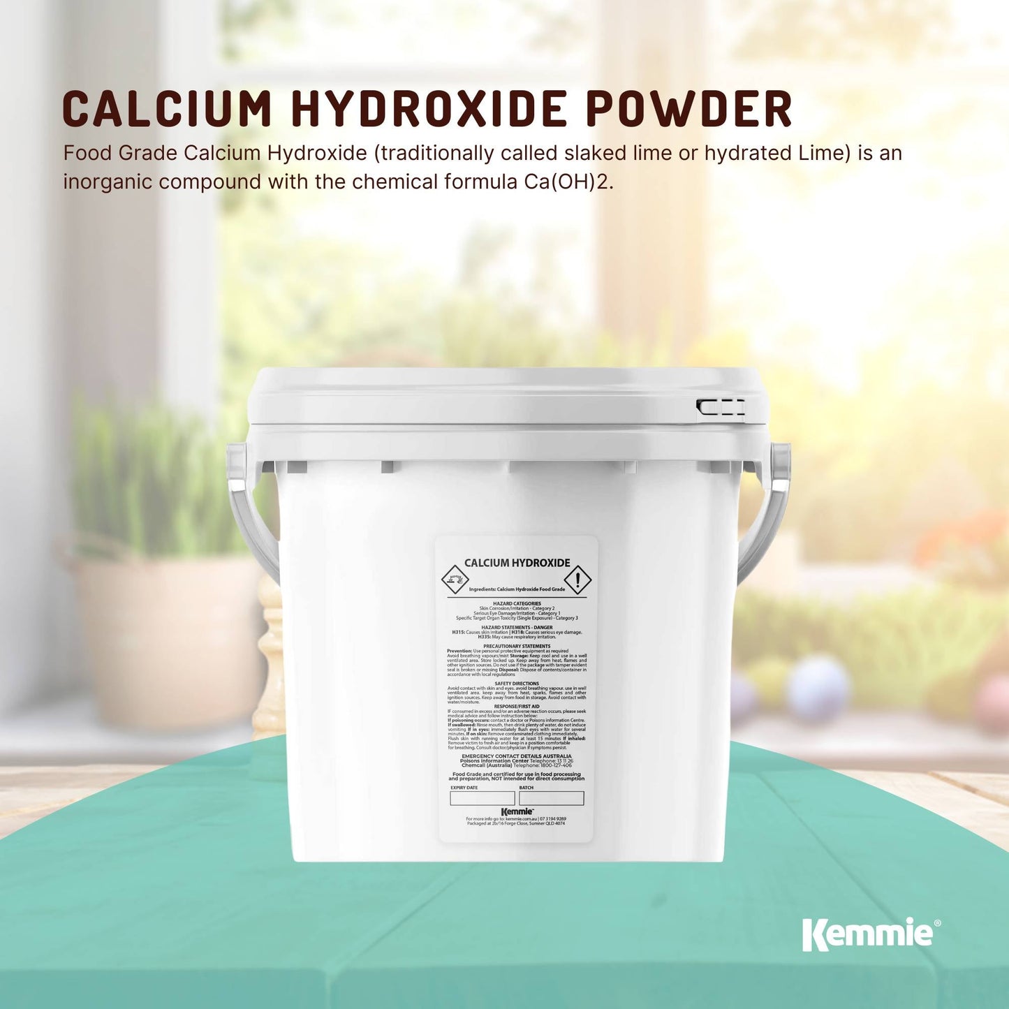 Hlpmedical Kemmie 2.5kg calcium hydroxide powder tub for pickling, food grade FCC, used in health, nutrition, and food preparation.