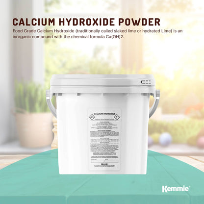 Hlpmedical Kemmie 2.5kg calcium hydroxide powder tub for pickling, food grade FCC, used in health, nutrition, and food preparation.