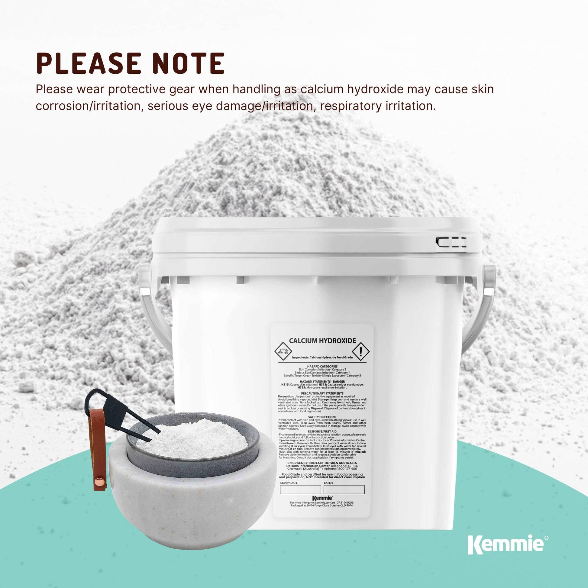 Hlpmedical Kemmie 2.5kg calcium hydroxide powder tub, food grade pickling lime for health and nutrition purposes.