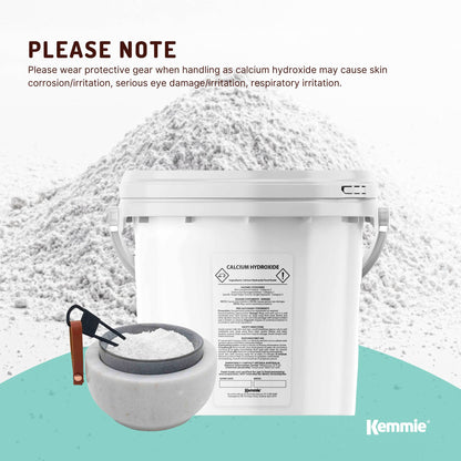 Hlpmedical Kemmie 2.5kg calcium hydroxide powder tub, food grade pickling lime for health and nutrition purposes.