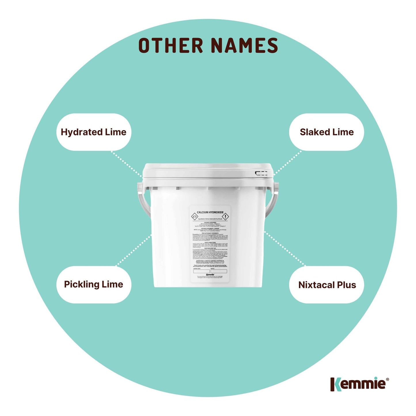 Kemmie 2.5kg calcium hydroxide powder tub by Hlpmedical, food-grade pickling lime for health and nutrition use.