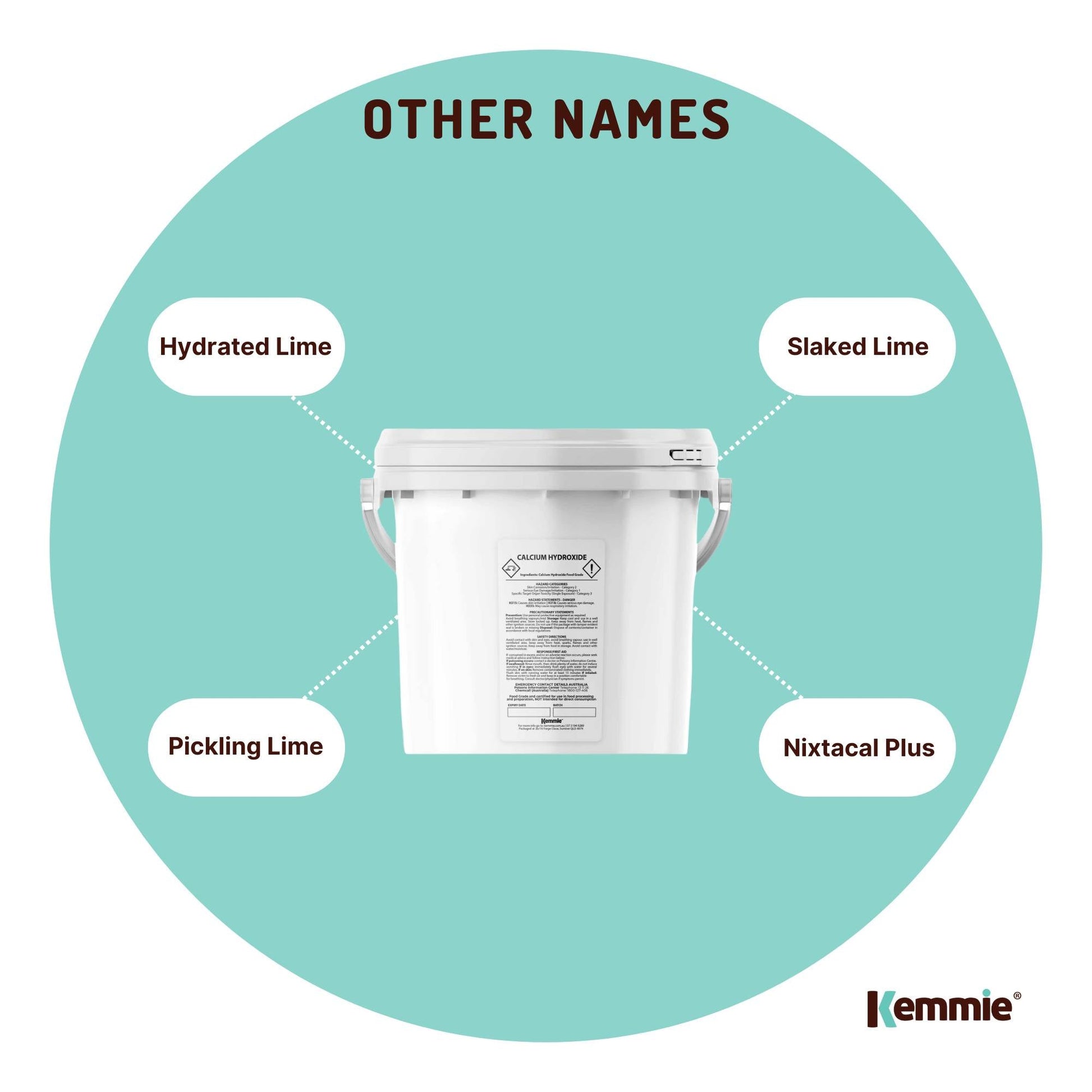 Kemmie 2.5kg calcium hydroxide powder tub by Hlpmedical, food-grade pickling lime for health and nutrition use.
