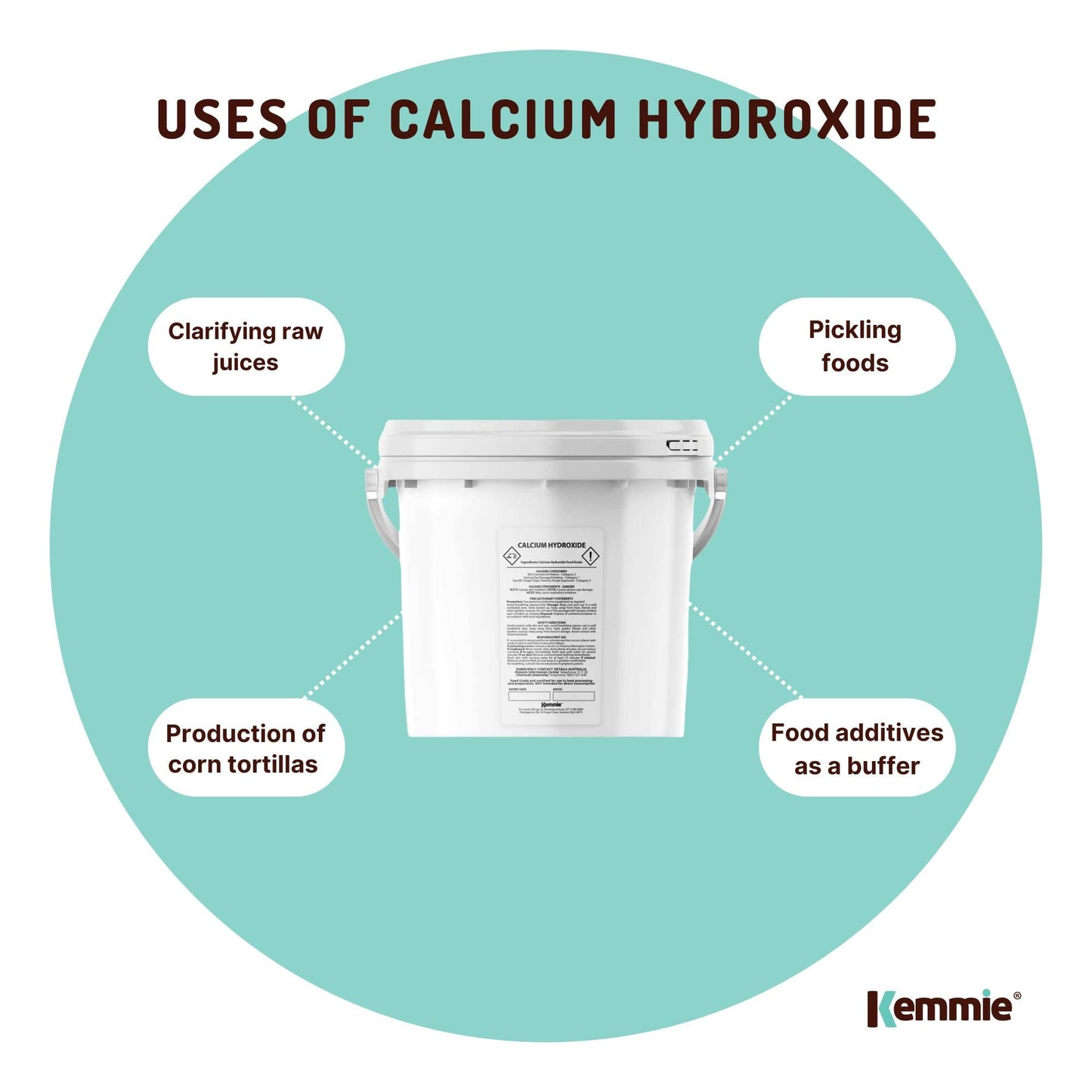 Hlpmedical Kemmie 2.5kg calcium hydroxide powder tub for food-grade pickling lime, used in health and nutrition applications.