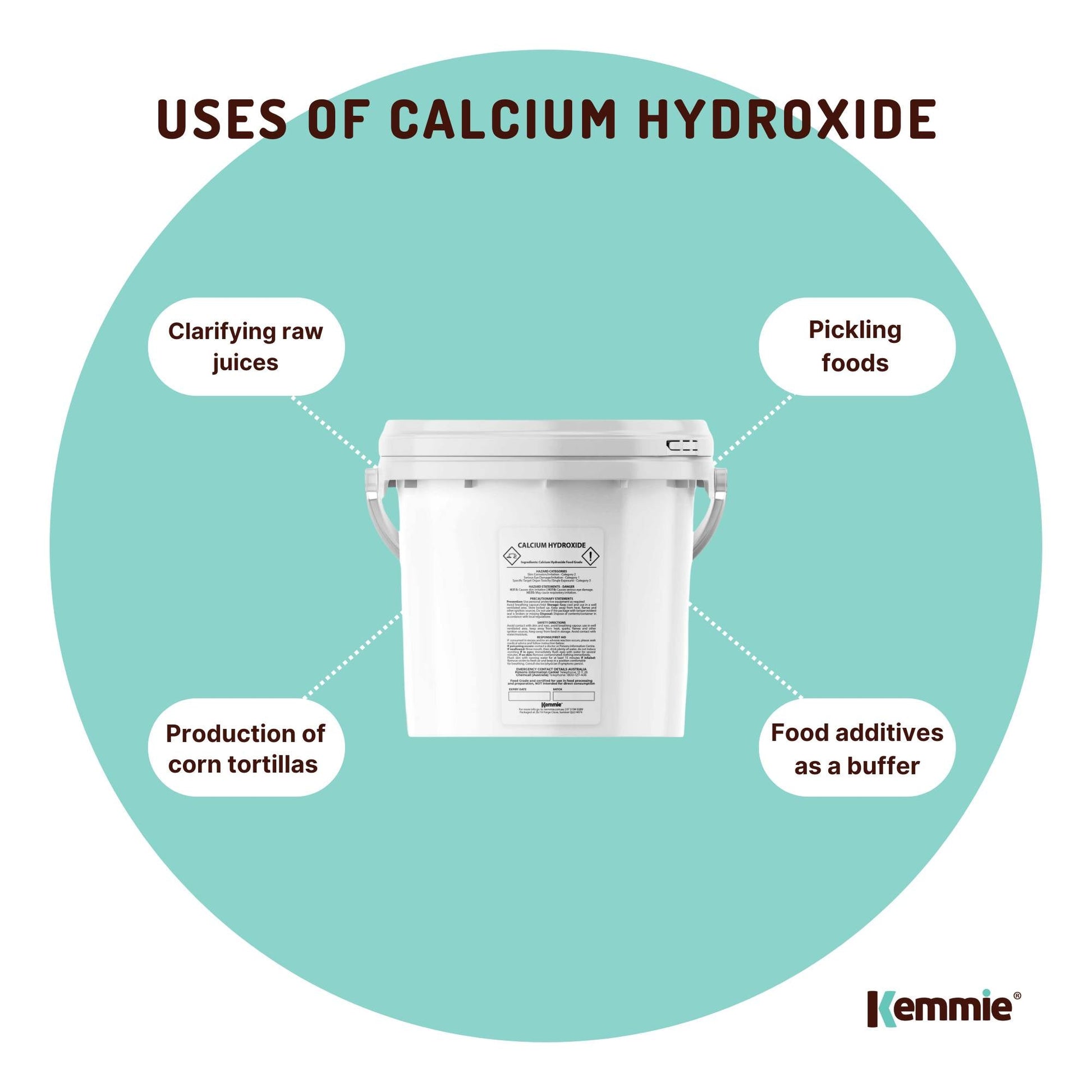 Hlpmedical Kemmie 2.5kg calcium hydroxide powder tub for food-grade pickling lime, used in health and nutrition applications.