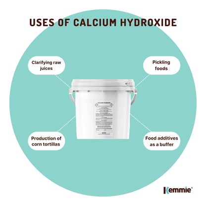Hlpmedical Kemmie 2.5kg calcium hydroxide powder tub for food-grade pickling lime, used in health and nutrition applications.