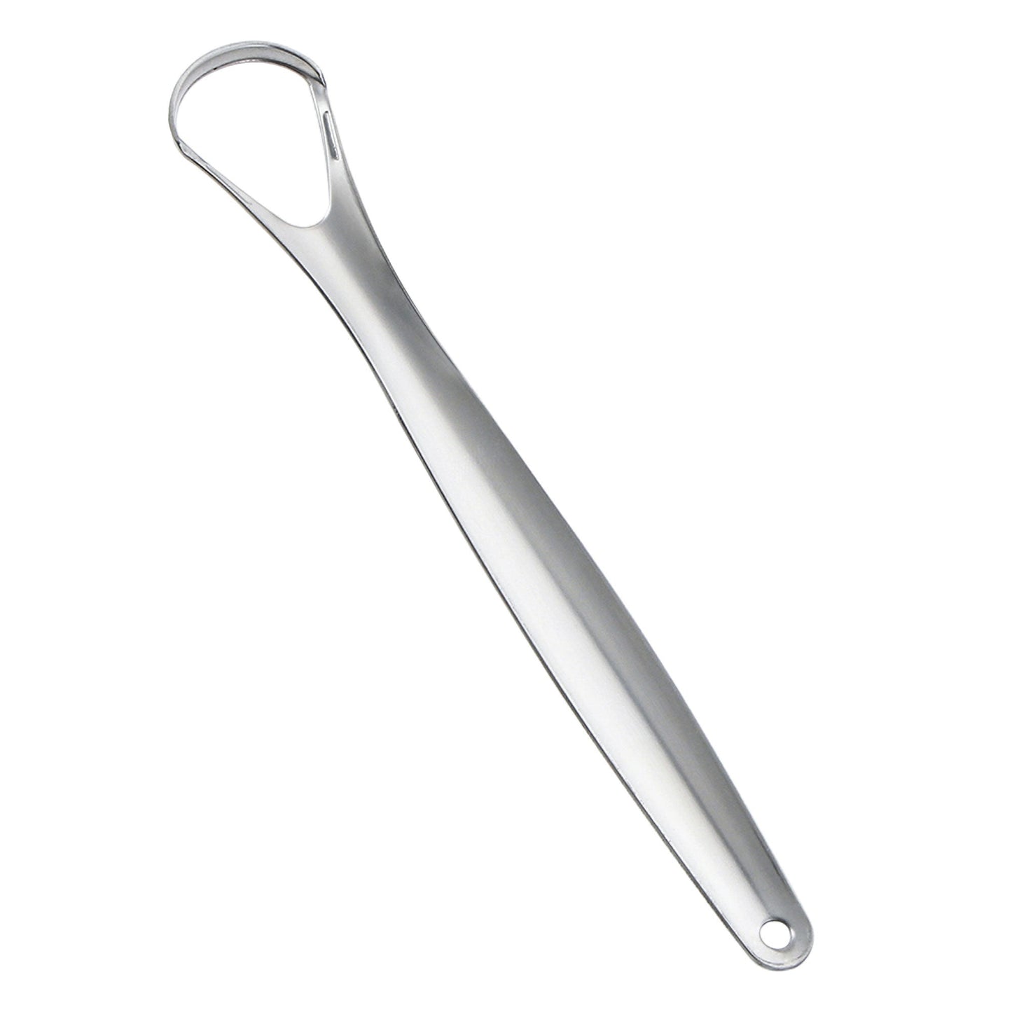 Hlpmedical stainless steel tongue scraper for oral hygiene, reducing bad breath, with metal handle and clean design.
