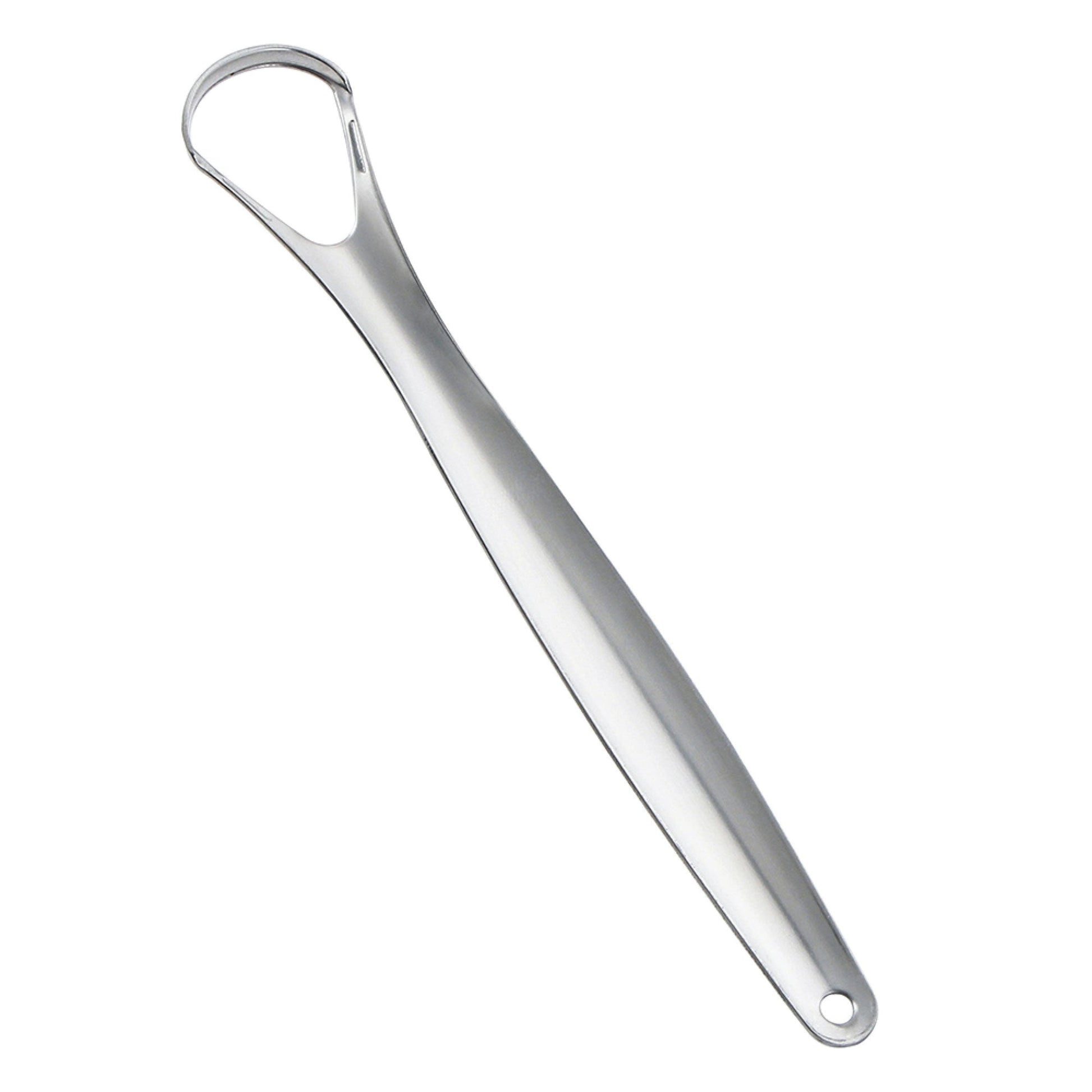 Hlpmedical stainless steel tongue scraper for oral hygiene, reducing bad breath, with metal handle and clean design.