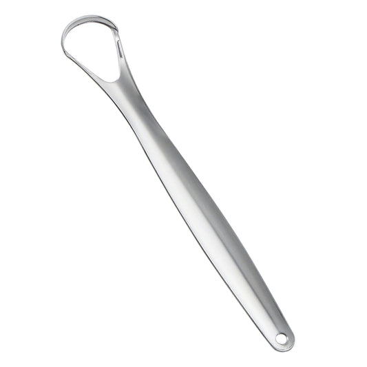 Hlpmedical stainless steel tongue scraper for oral hygiene, reducing bad breath, with metal handle and clean design.