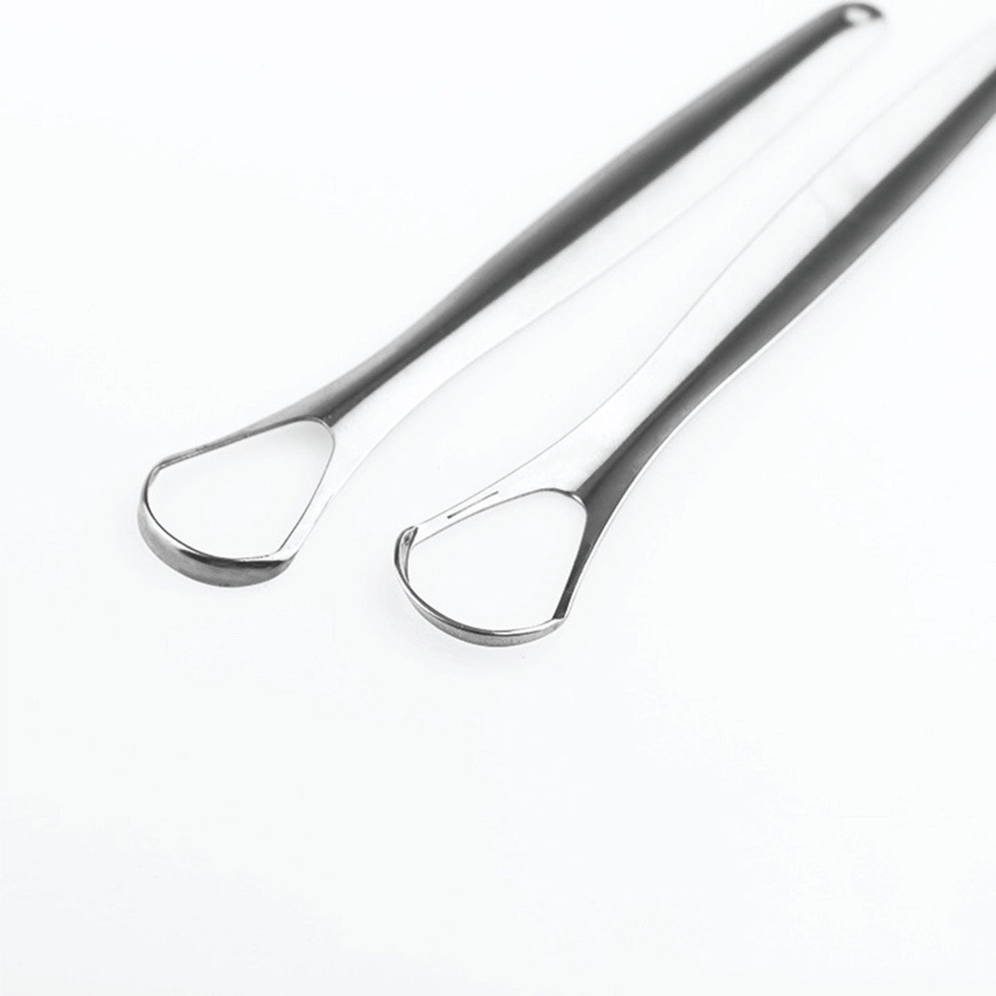 Hlpmedical stainless steel tongue scraper for oral hygiene and bad breath reduction, shown with a sleek metal design and handle.