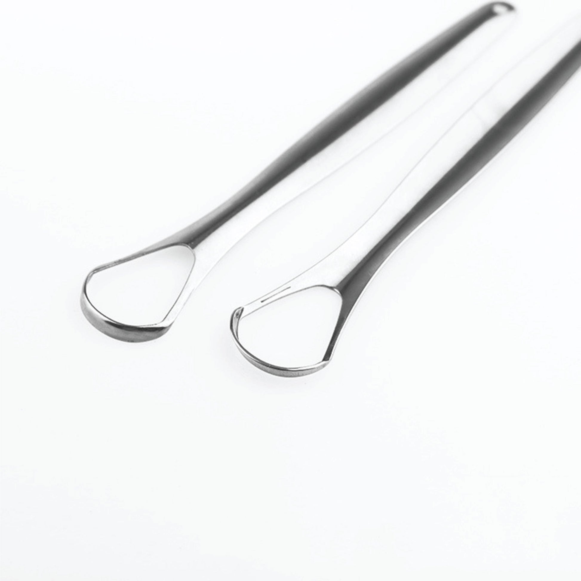 Hlpmedical stainless steel tongue scraper for oral hygiene and bad breath reduction, shown with a sleek metal design and handle.