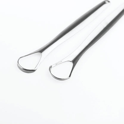Hlpmedical stainless steel tongue scraper for oral hygiene and bad breath reduction, shown with a sleek metal design and handle.