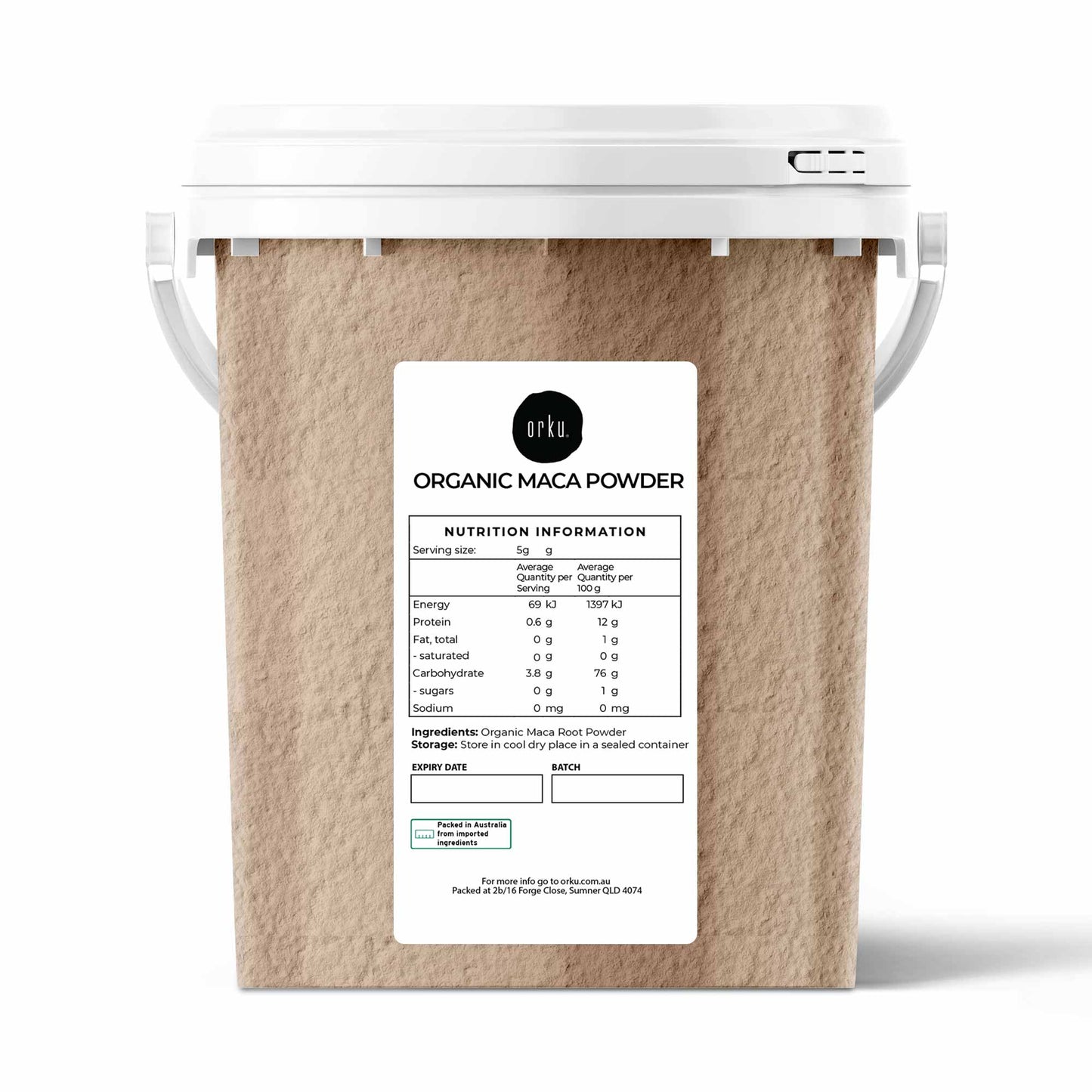 700g organic maca powder tub by Hlpmedical showing the nutritional supplement in a labeled container, plant root superfood for health.