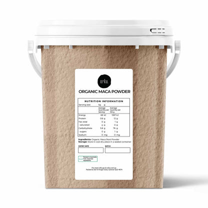 700g organic maca powder tub by Hlpmedical showing the nutritional supplement in a labeled container, plant root superfood for health.