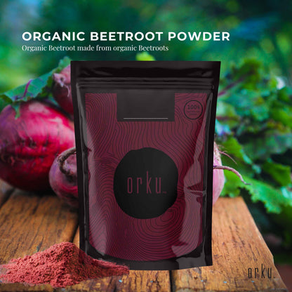 Hlpmedical Orku 100g organic beetroot powder, 100% pure beta vulgaris supplement in a clear jar with a label, on a white background.