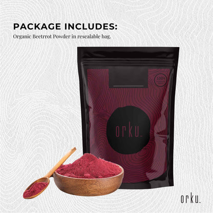 Organic Orku 100g beetroot powder by Hlpmedical, pure beta vulgaris supplement, with vibrant red beetroot powder in a container.
