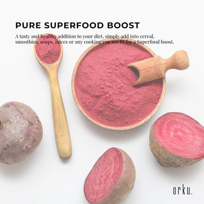 Organic Orku 100g beetroot powder by Hlpmedical, vibrant red powder made from pure Beta vulgaris for health and nutritional benefits.