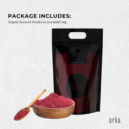 Hlpmedical Orku 10kg organic beetroot powder, pure beta vulgaris root powder for health and nutrition, shown in a scoop.