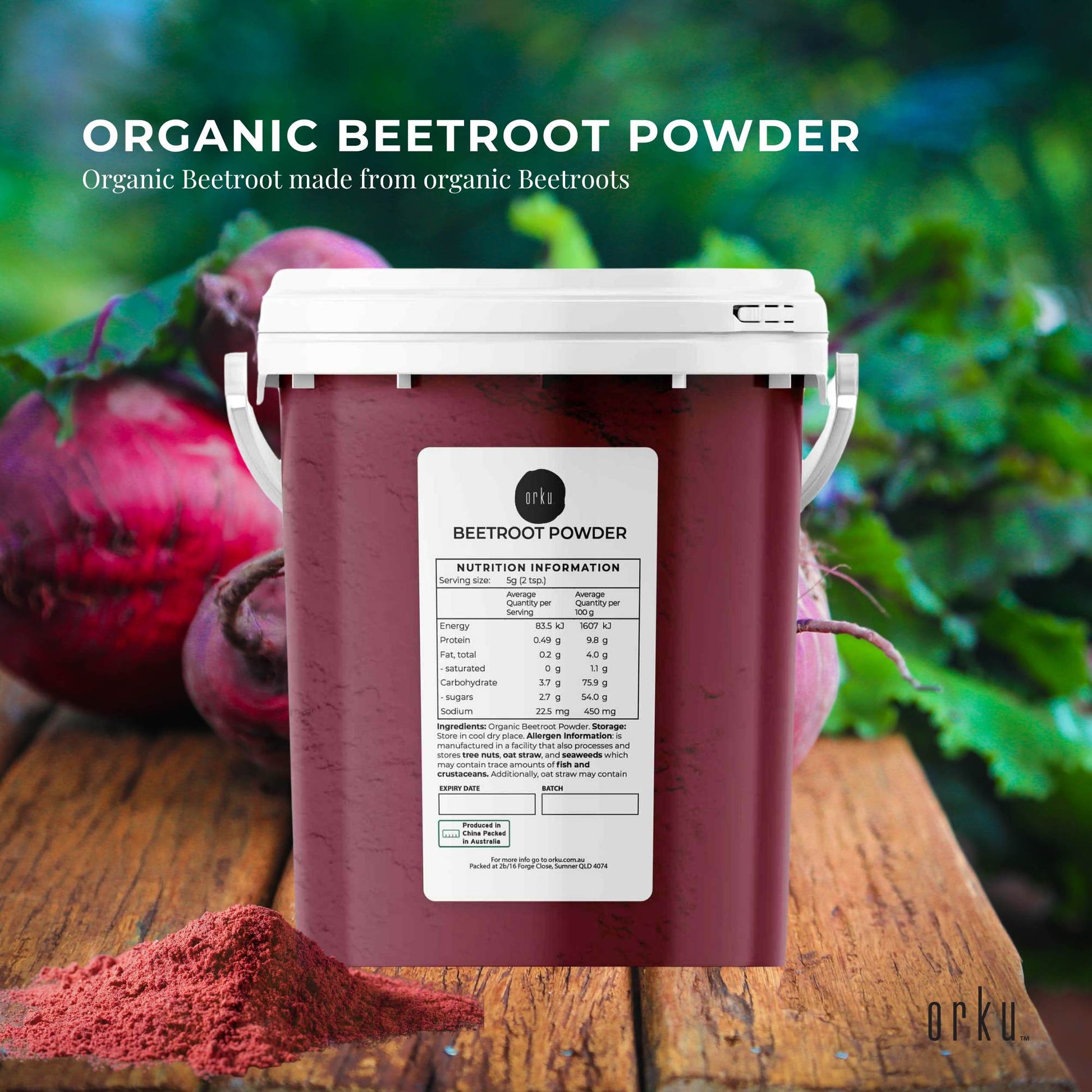 Organic Orku beetroot powder in a jar, 800g, showcasing vibrant red beetroot powder for health and nutritional benefits.