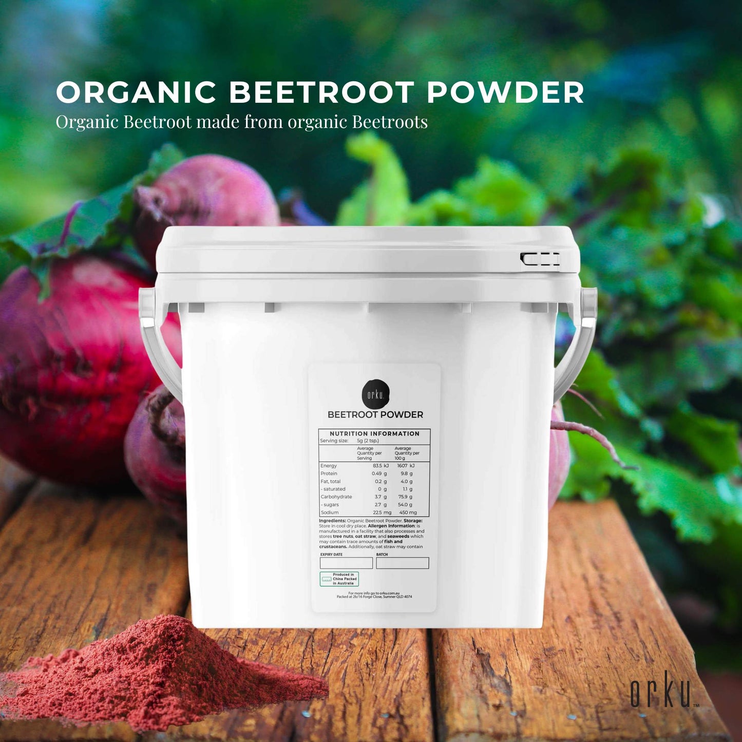 Organic Orku 3kg Beetroot Powder by Hlpmedical, pure beta vulgaris supplement in a large container, vibrant red powder visible.