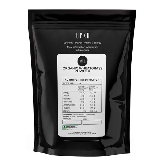Organic wheatgrass powder in 400g package, vibrant green superfood from Hlpmedical for health and nutrition.