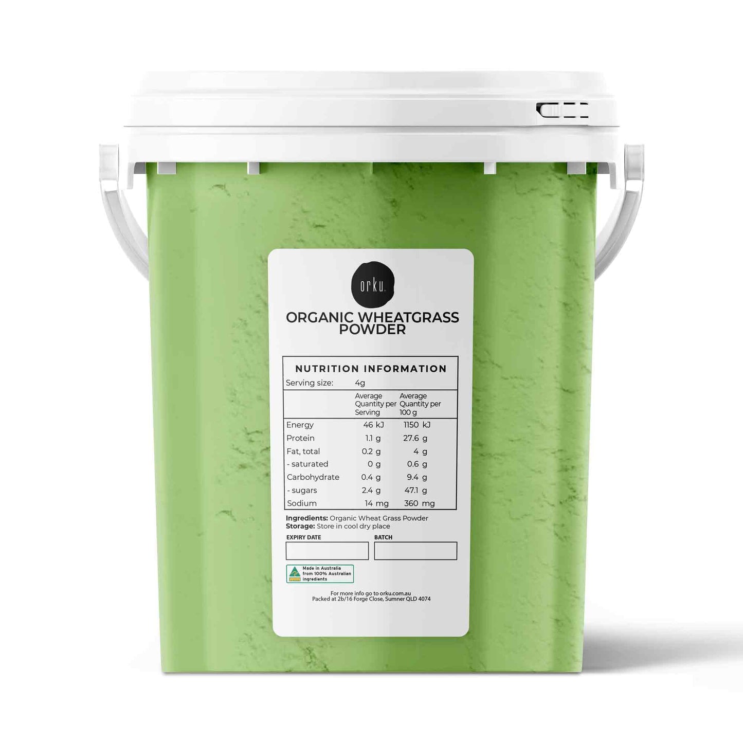 Organic wheatgrass powder tub by Hlpmedical, 400g, showing the green wheatgrass leaf superfood in a container for health supplement.