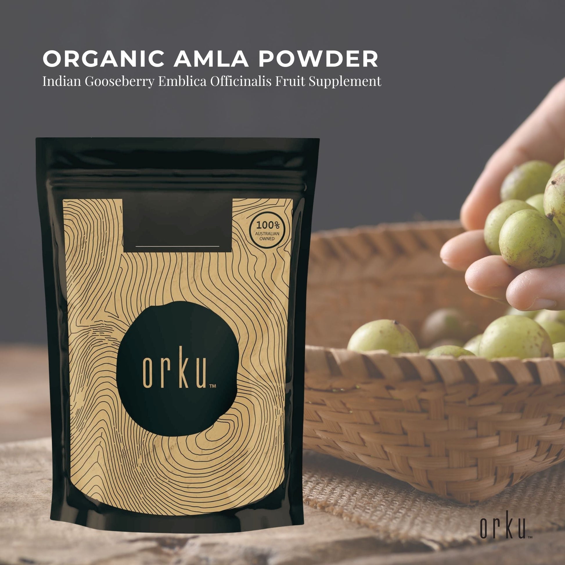 Organic Amla powder from Indian gooseberry, 400g, in a health supplement container, natural fruit supplement by Hlpmedical.