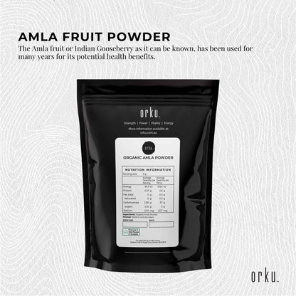 Organic Amla powder by Hlpmedical, 400g, Indian gooseberry supplement for health and beauty, showing vibrant green powder in a jar.