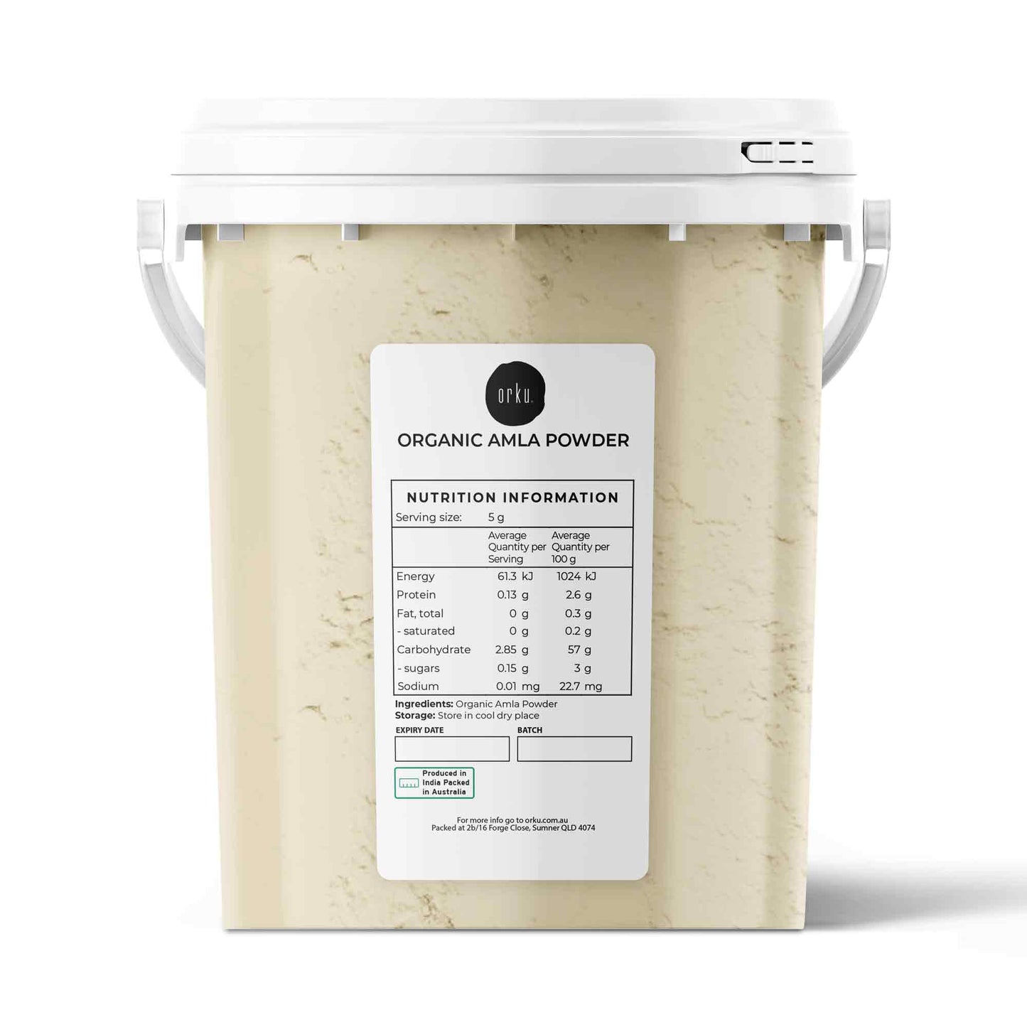 800g organic Amla powder tub by Hlpmedical, Indian gooseberry supplement for health and wellness, in a resealable container.