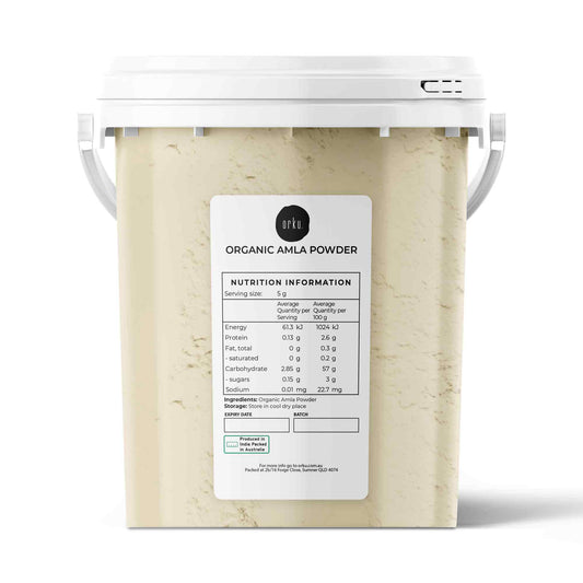 800g organic Amla powder tub by Hlpmedical, Indian gooseberry supplement for health and wellness, in a resealable container.