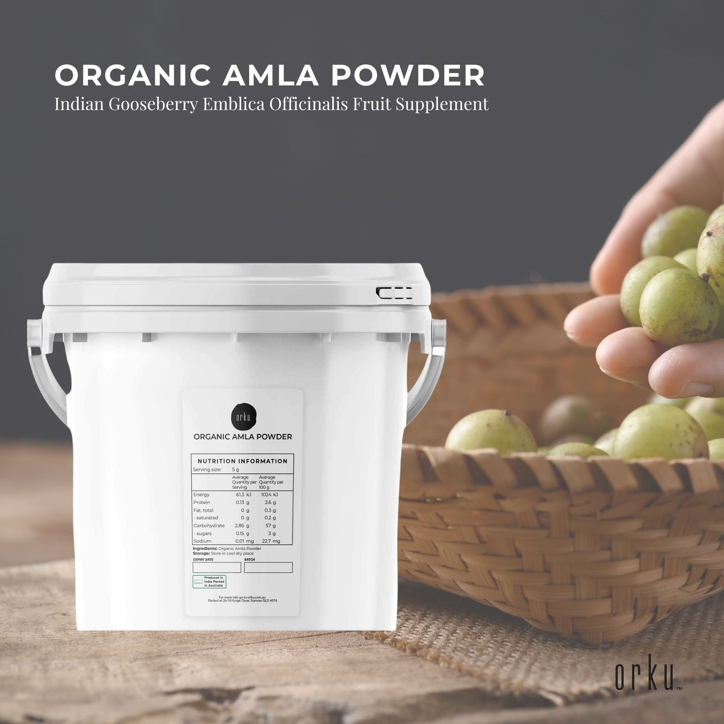 3kg tub of Hlpmedical organic Amla powder, Indian gooseberry supplement, used for health and nutritional benefits.