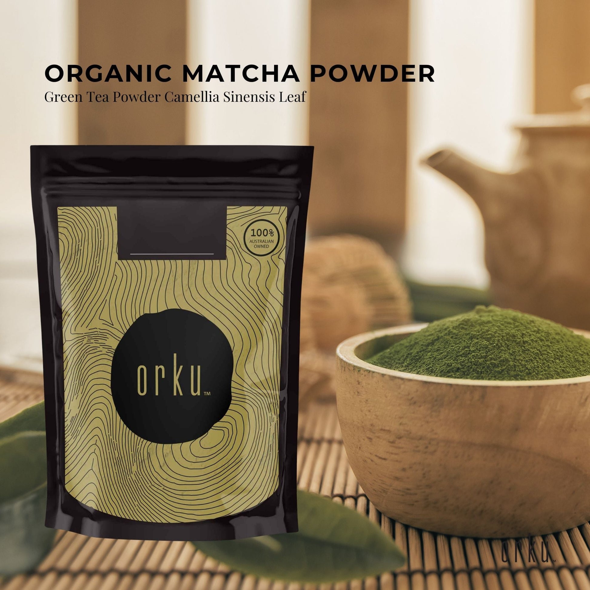 Organic Matcha green tea powder from Camellia Sinensis leaves, 100g, used as a health supplement and natural antioxidant.