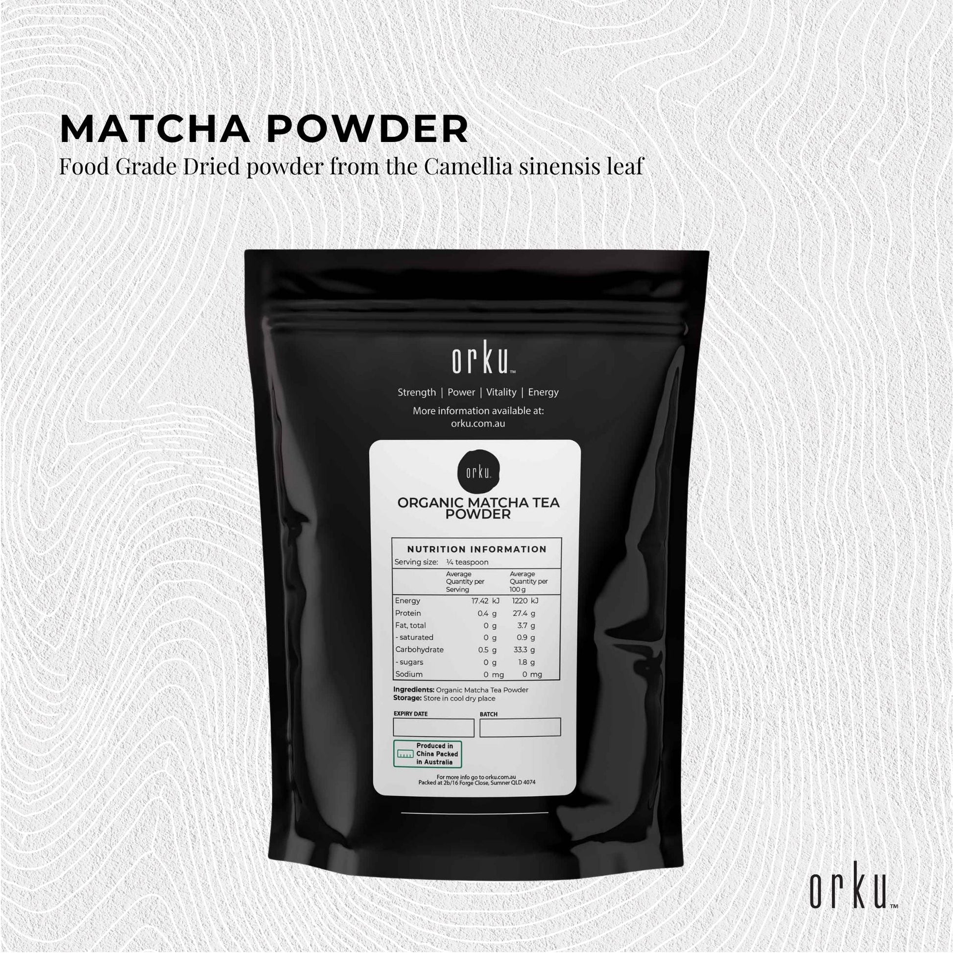 Organic matcha green tea powder in 100g package, Camellia sinensis leaf supplement for health and beauty benefits.