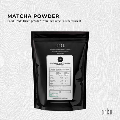 Organic matcha green tea powder in 100g package, Camellia sinensis leaf supplement for health and beauty benefits.