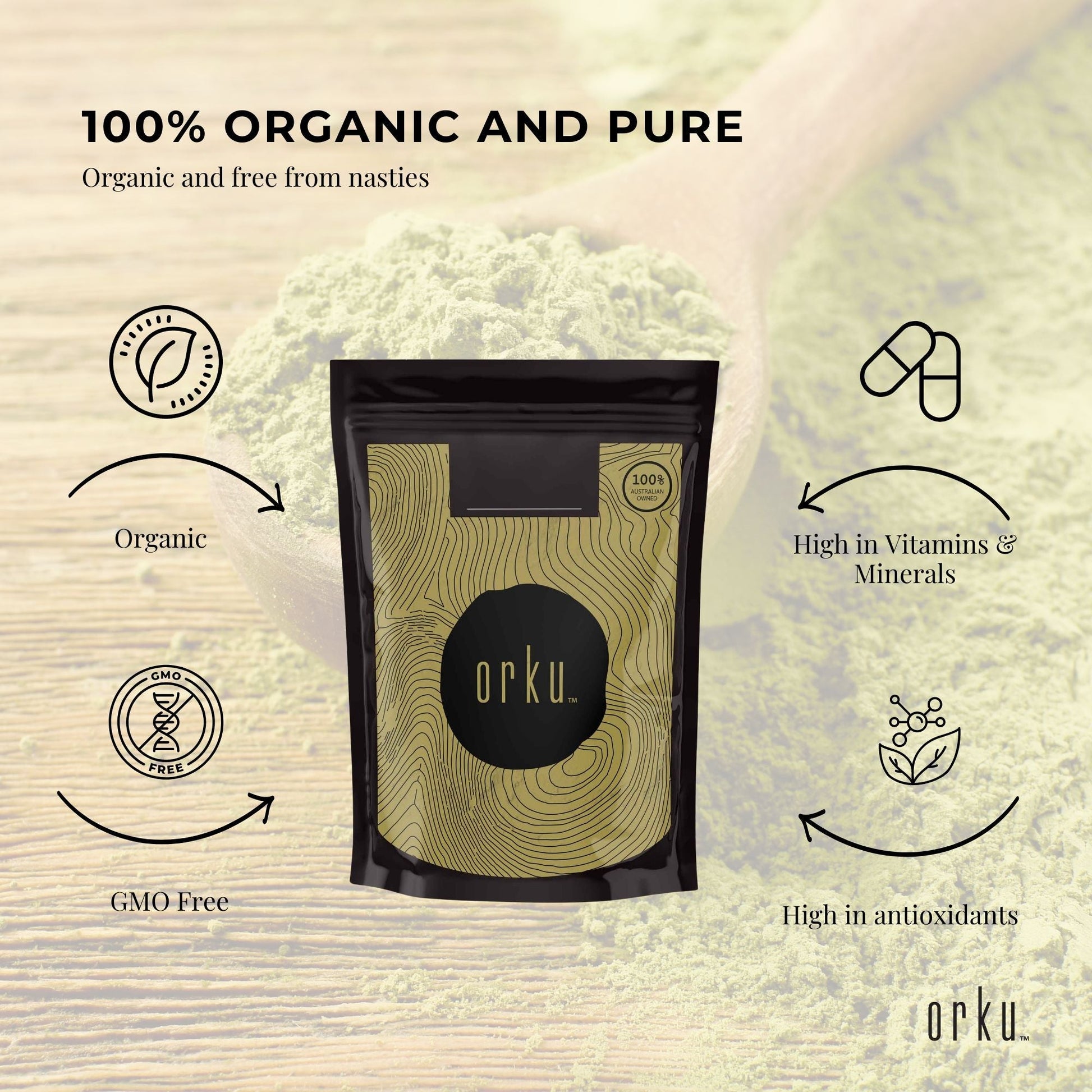 Organic matcha green tea powder by Hlpmedical, 100g, featuring vibrant green powdered tea leaves for health and natural energy.