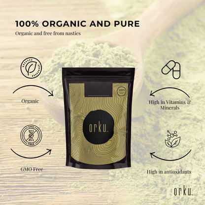 Organic matcha green tea powder from Camellia sinensis leaves in a 1kg package, ideal for health and supplement use.