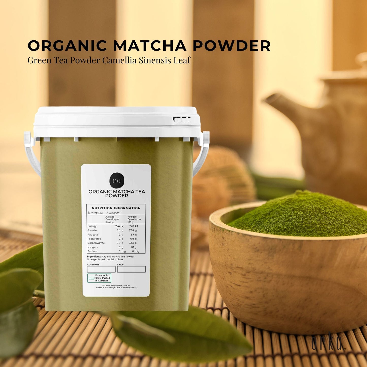 Organic Matcha powder tub by Hlpmedical, 600g of vibrant green green tea leaves for health and nutrition.