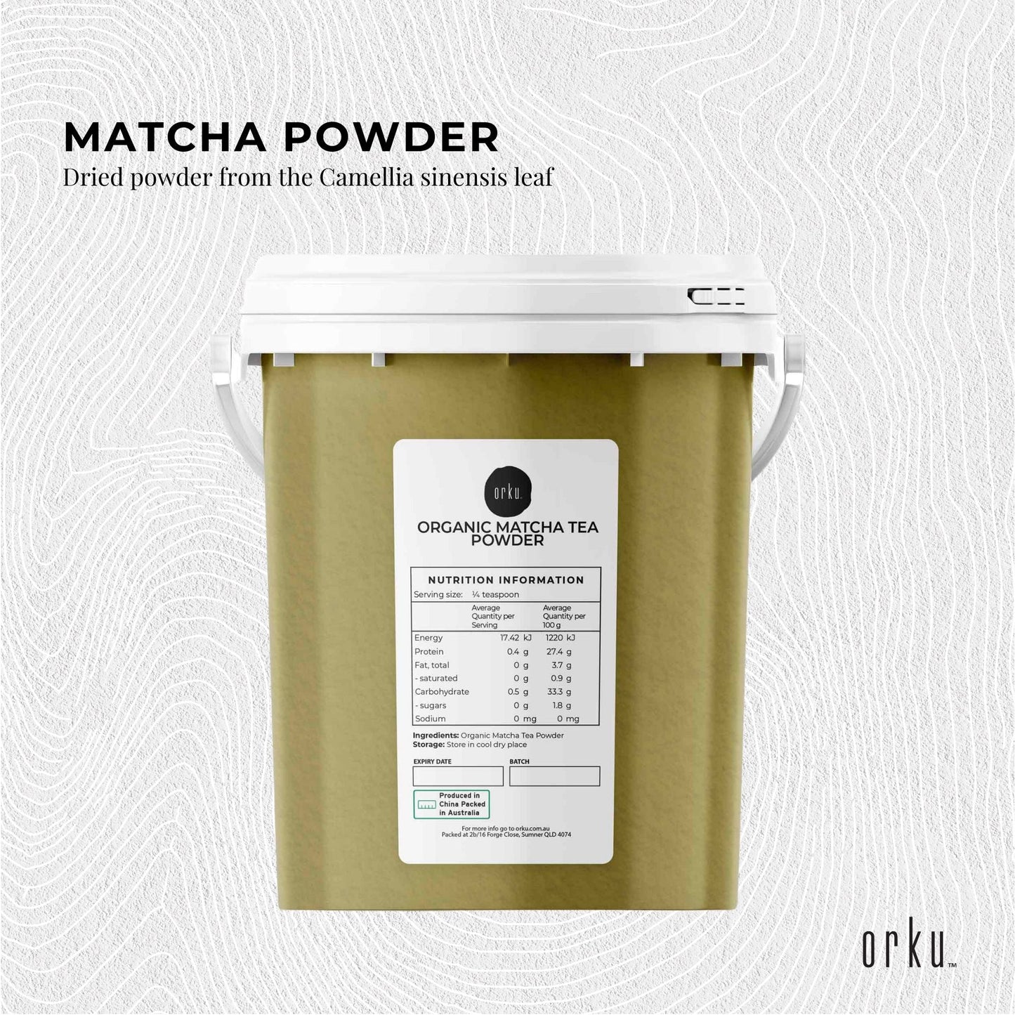600g organic matcha powder tub from Camellia Sinensis, vibrant green tea leaves for health and wellness.