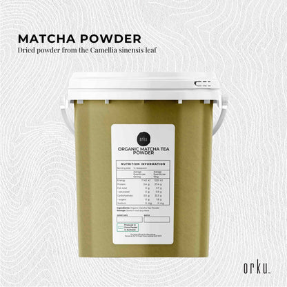 600g organic matcha powder tub from Camellia Sinensis, vibrant green tea leaves for health and wellness.