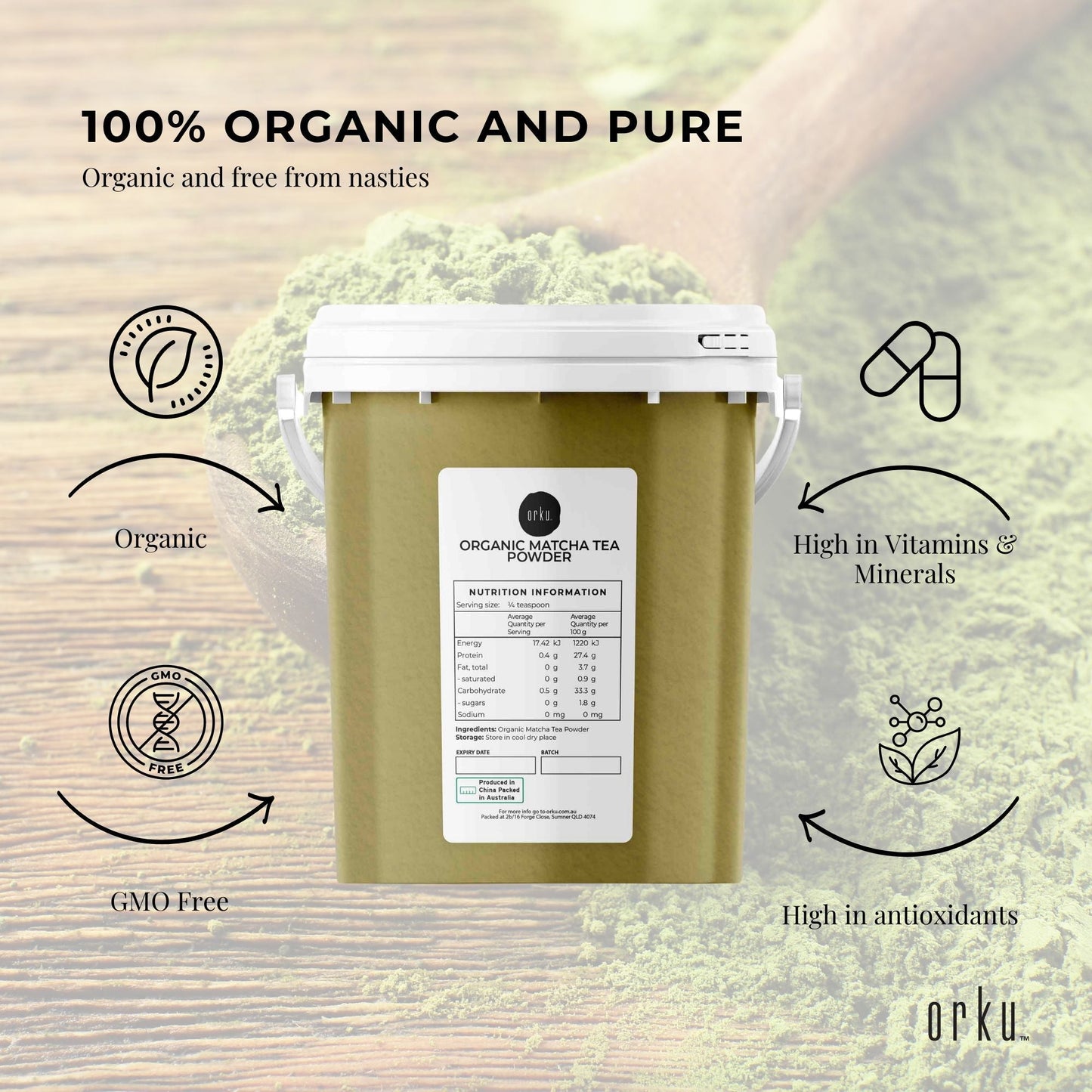 600g organic Matcha powder tub by Hlpmedical, vibrant green green tea leaves in a sealed container for health and beauty use.