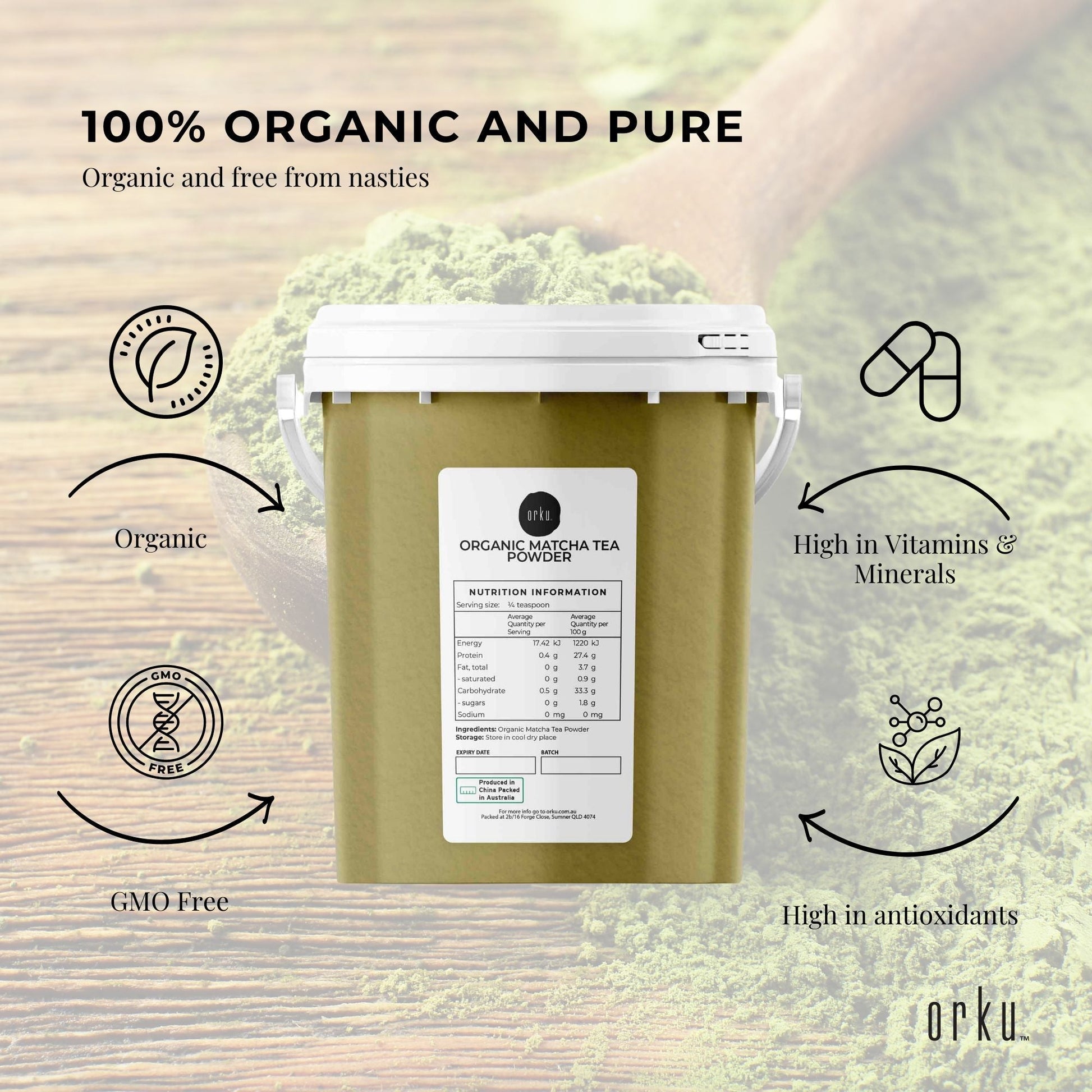 600g organic Matcha powder tub by Hlpmedical, vibrant green green tea leaves in a sealed container for health and beauty use.
