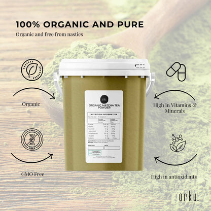 600g organic Matcha powder tub by Hlpmedical, vibrant green green tea leaves in a sealed container for health and beauty use.