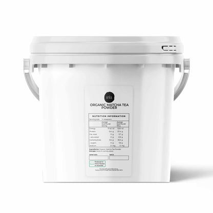 2.5kg bucket of Hlpmedical organic matcha powder with green tea leaves, ideal for health and nutritional supplements.