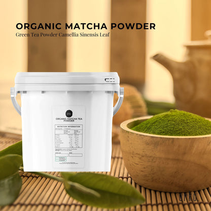 Organic matcha green tea powder in a 2.5kg tub, Camellia Sinensis leaves, suitable for health and nutrition supplements.