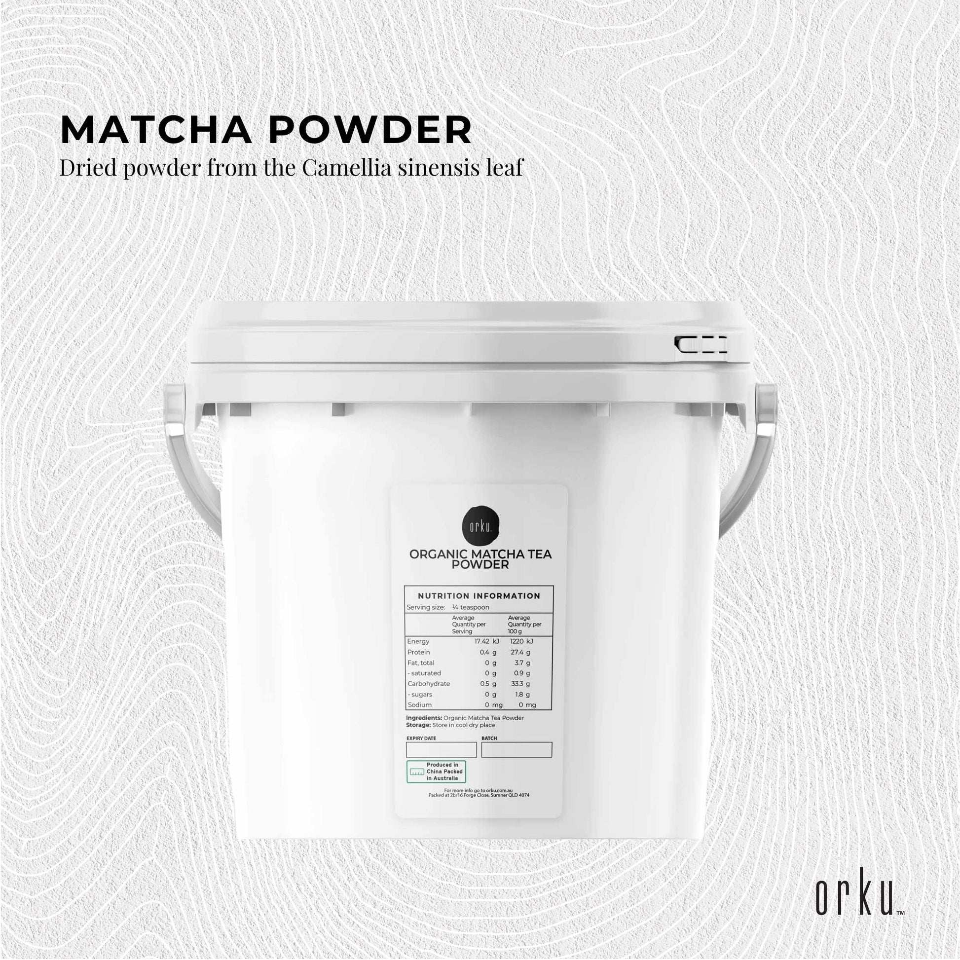 2.5kg organic matcha powder tub by Hlpmedical, vibrant green tea leaves for health and nutrition in a large bucket