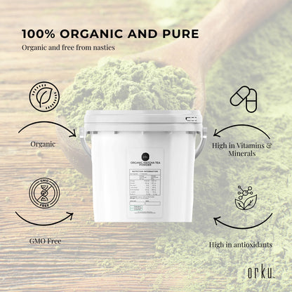 Organic 2.5kg matcha powder tub by Hlpmedical, premium green tea leaf supplement in a large container for health and beauty use.