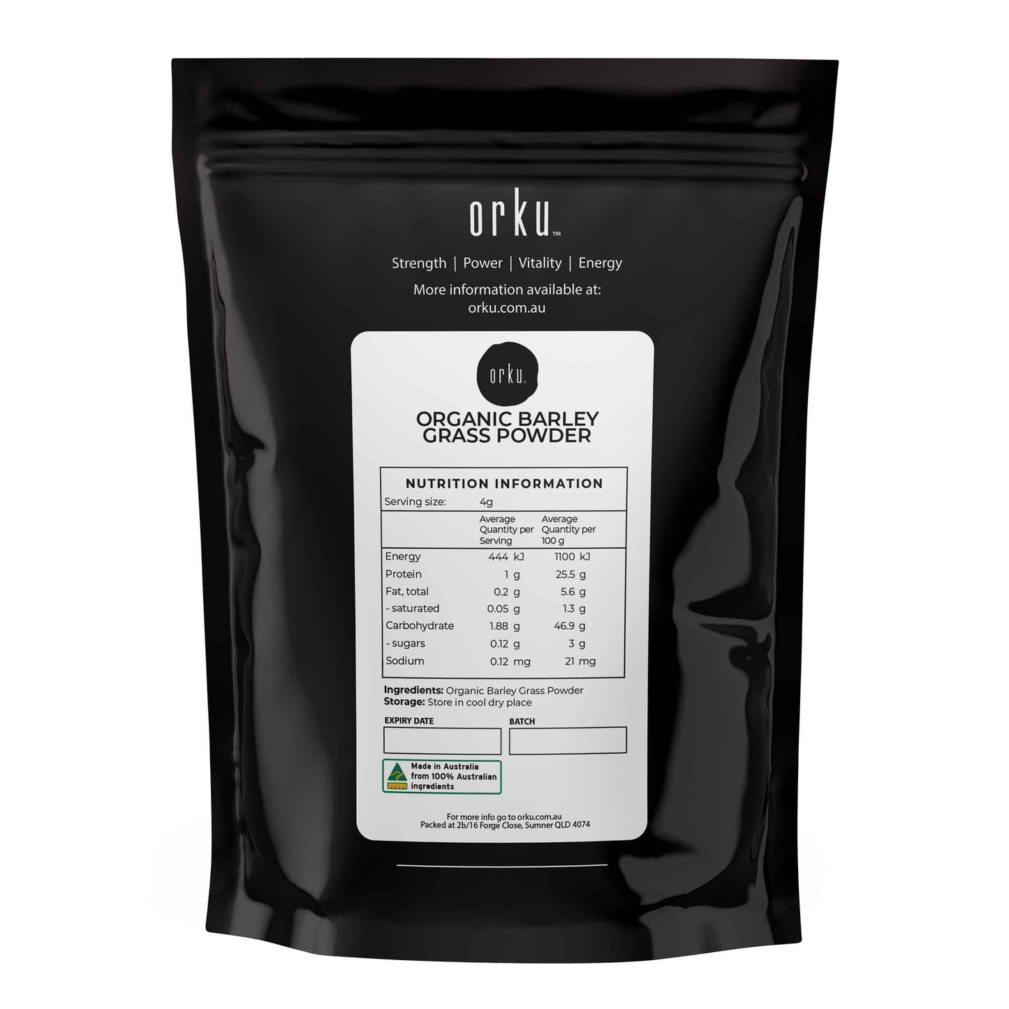 Organic barley grass powder from Hordeum vulgare, a health supplement showing fresh green leaf powder in a container.