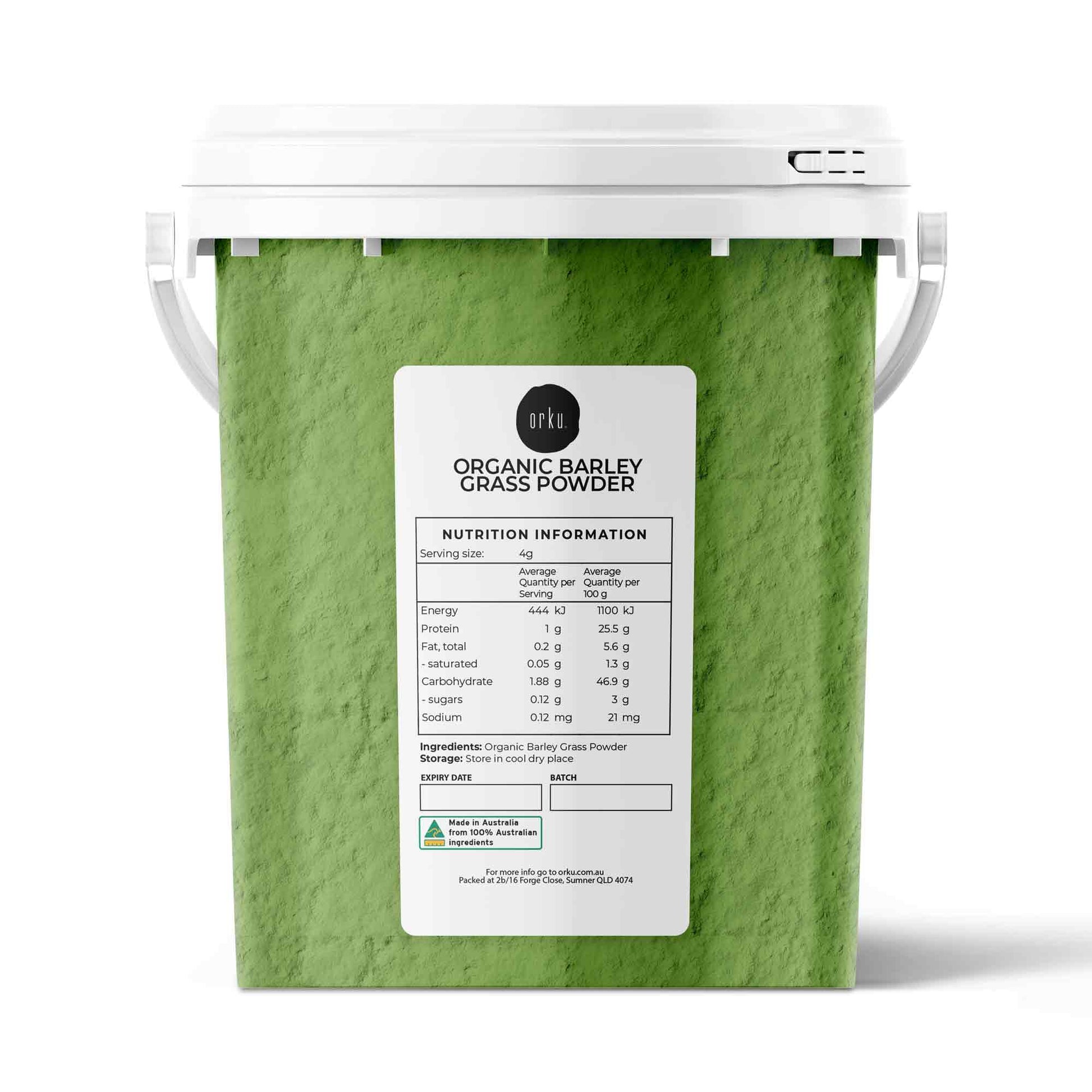 Organic barley grass powder tub by Hlpmedical, 400g, fresh green leafy superfood supplement for health and nutrition.