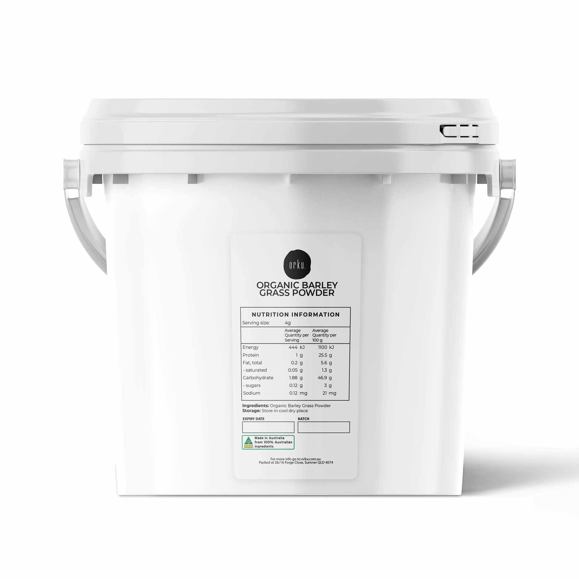 2kg organic barley grass powder tub by Hlpmedical, a nutritious superfood supplement in a large bucket, showcasing fresh green powder.