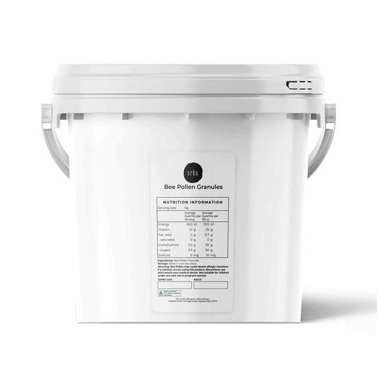 Australian raw bee pollen granules in a 3.5kg tub, natural health supplement by Hlpmedical for added nutrition and wellness.
